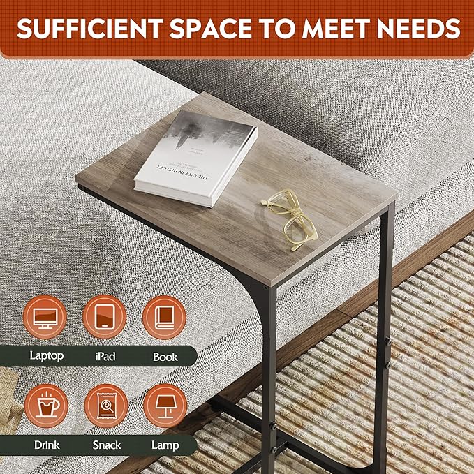 WLIVE C Shaped End Table, Small Couch Side Tables with Metal Frame, Sofa Table TV Tray for Living Room, Bedroom, Greige