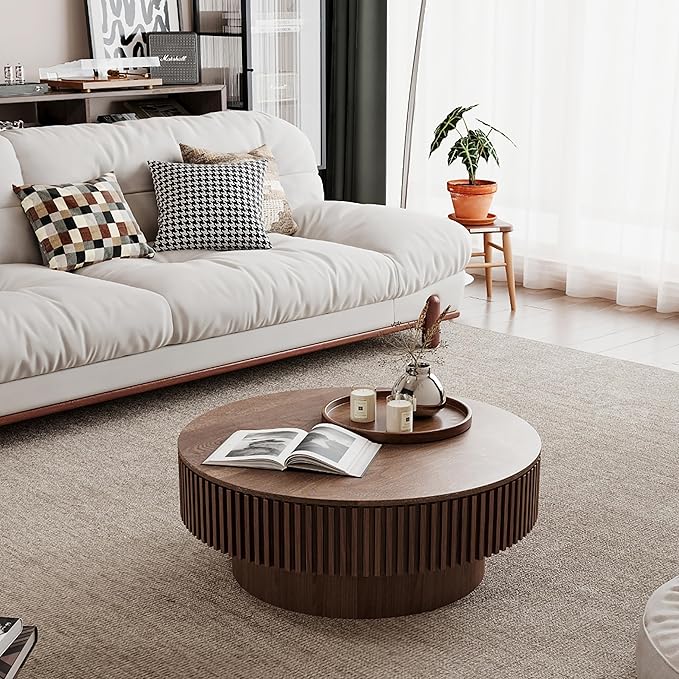 31.5'' Round Coffee Table for Living Room, Solid Wood Veneered Modern Nesting Coffee Tables with Storage, Circle Fluted Drum End Side Accent Tea Table for Bedroom Apartment Office, Walnut