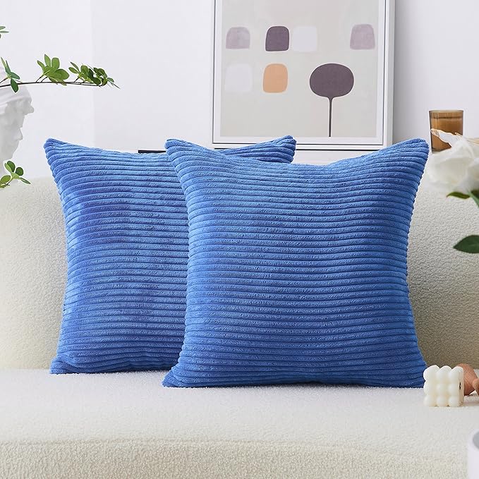 Home Brilliant Blue Decorative Pillows Large Throw Pillow Cover for Couch Bench 2 Packs Striped Velvet Floor Pillow Covers, 55x55cm, 22 x 22 Inch, Blue