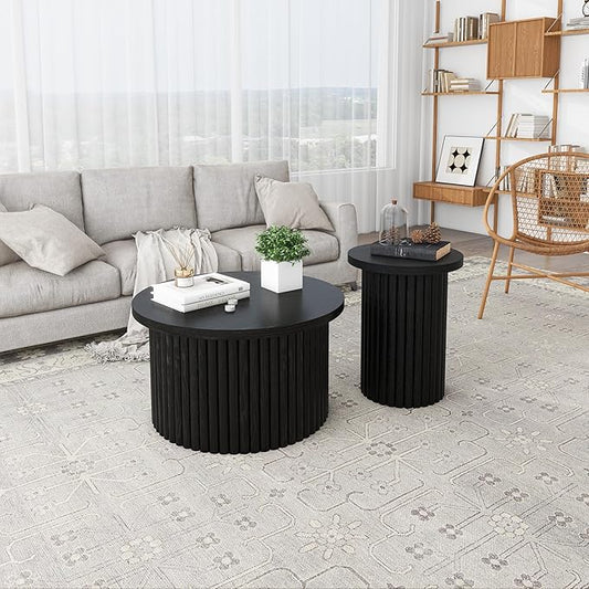 Nesting Coffee Table Set of 2, Modern Round Wooden Circle Accent Coffee Tables for Small Spaces Living Room Bedroom Balcony Office Drum Side Table