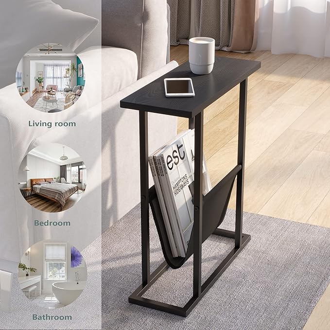 Yusong Small Narrow Side Table for Small Spaces, 17.7" W Slim End Table Nightstand with Storage Holder, Accent Skinny Snack Couch Bedside Table, Black Oak, Complete Iron Pipes