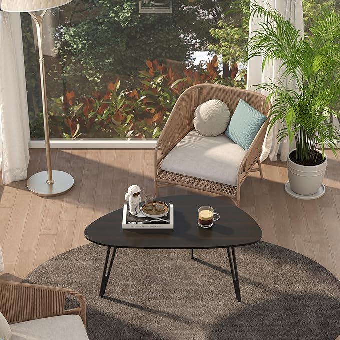 Manora Modern Simple Wood Coffee Table with Black Metal Legs, Oval Tea Table for Living Room or Office, Compact Center Table for Small Space, Dark Brown