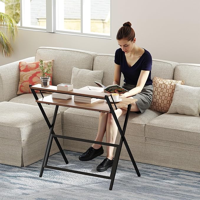 HOMCOM Small Folding Desk, 32 Inch Foldable Computer Desk with Monitor Shelf, Space Saving Portable Writing Table for Small Spaces, Home Office, Study, Easy Assembly, Walnut