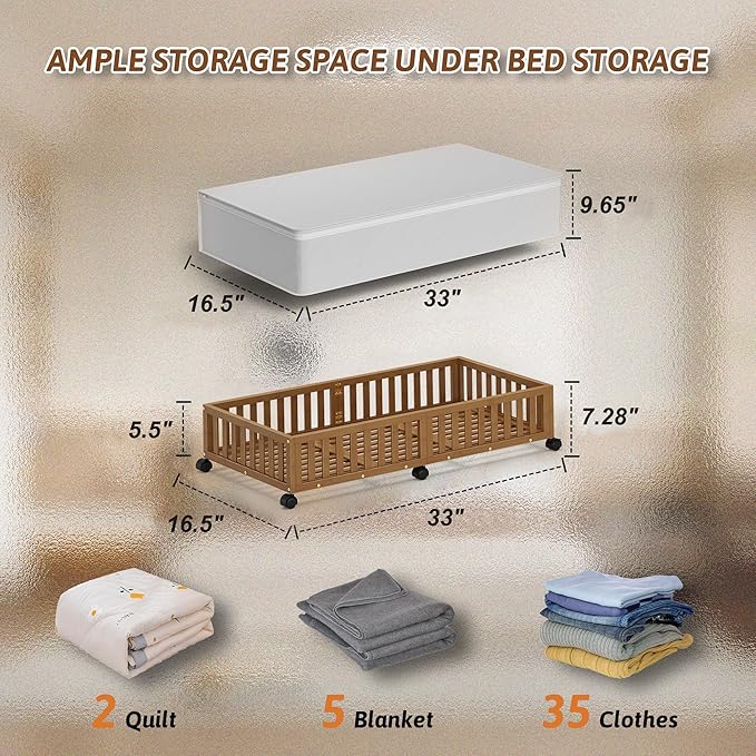 Bamboo Under Bed Storage Containers with Wheels, 2 Pack Large Under the Bed Shoe Storage Bins, Wood Rolling Underbed Drawers Organizer for Bedroom Closet Clothes Blanket Under Crib Toy Walunt
