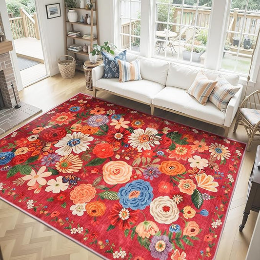 Washable Area Rug 8x10, Large Soft Rugs for Living Room Floral Red Carpet 8x10 Area Rugs for Bedroom Dining Room Non-Slip Stain Resistant Under Table Rug (8 x 10, Red Garden)