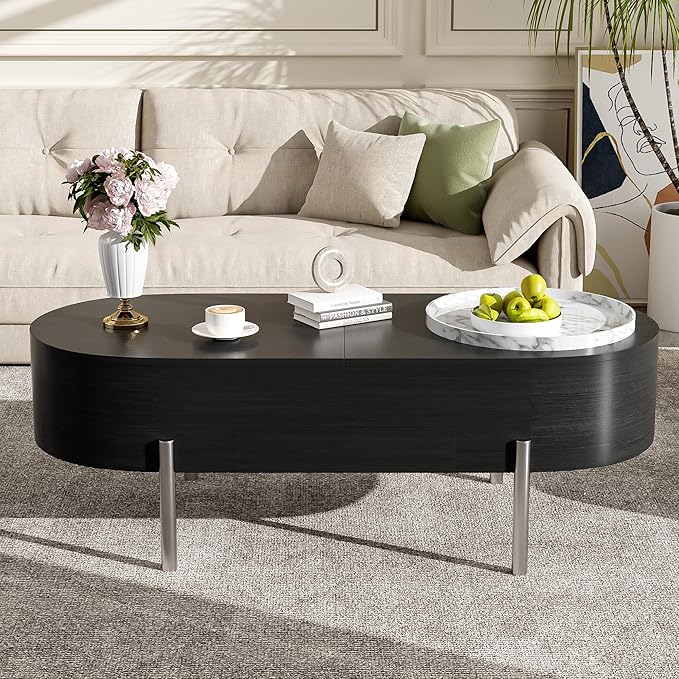 Lift Top Coffee Table with Hidden Compartment, Modern 47.2'' Oval Wooden Center Table Cocktail Tea Table with 360-degree Marble-Patterned Rotating Tray and 3 Drawers for Living Room,Black