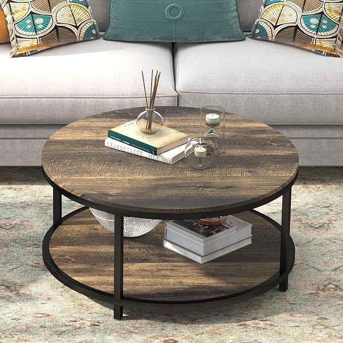 WiberWi Round Coffee Table 35.8" Rustic Vintage Industrial Design Furniture Sturdy Metal Frame Legs Sofa Table Cocktail Table with Storage Open Shelf for Living Room, Easy Assembly, Dark Brown