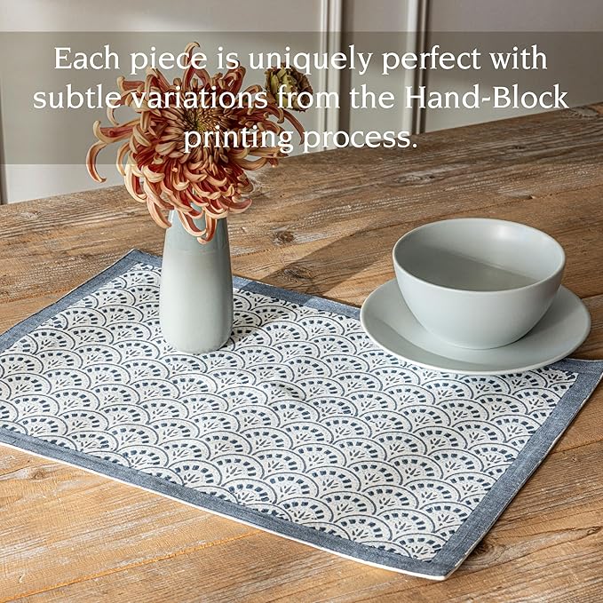 over&back Set of 4 Hand-Blocked Placemats - Colorful Dining Table Mat - Each Placemat is Unique - 100% Cotton - Machine Washable - Kitchen and Home Decor - Blue Arch