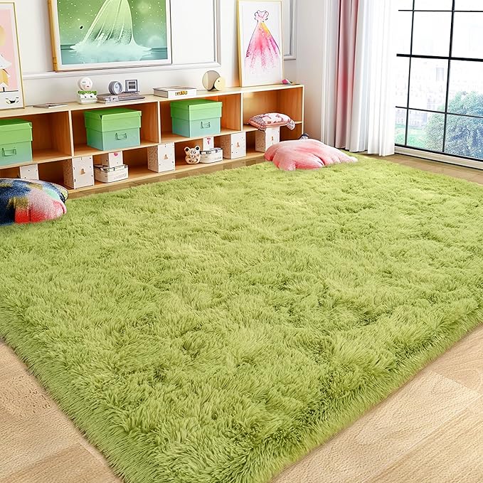 Ultra Fluffy Area Rugs for Living Room Bedroom, 6x9 Fuzzy Large Living Room Rugs, Thick Shag Rug for Dorm, Soft Non Slip Kids Girls Boys Rug for Home Decor Aesthetic, Green