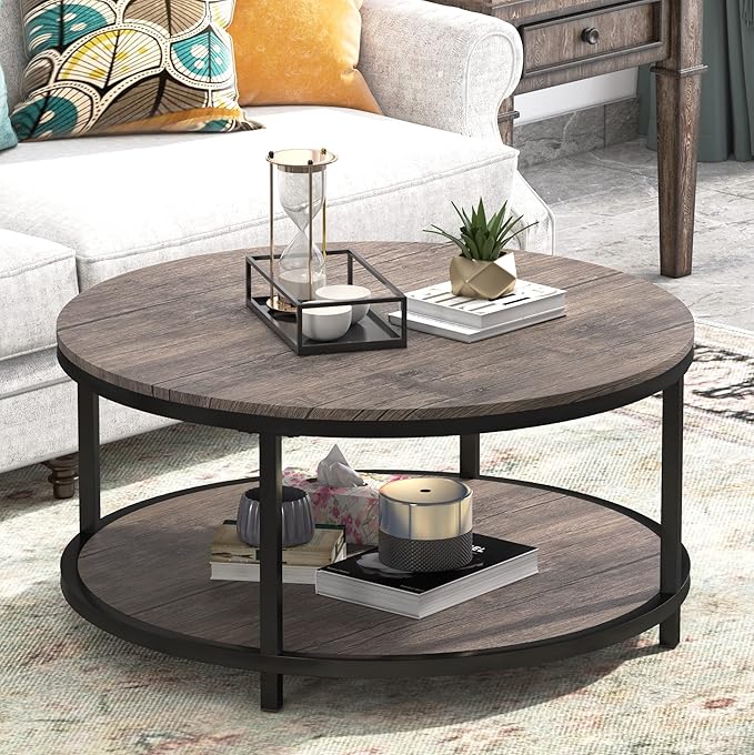 WiberWi Round Coffee Table 35.8" Circle Coffee Tables for Living Room Rustic Industrial Cocktail Table with Sturdy Metal Frame and Open Storage Shelf, Easy Assembly, Gray Brown