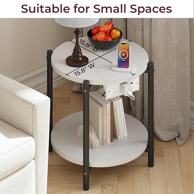 LIKIMIO Round End Tables, Set of 2, 16" W Small Round Side Tables with Charging Station, 2-Tier Modern Nightstands for Small Spaces, Living Room, Bedroom, White