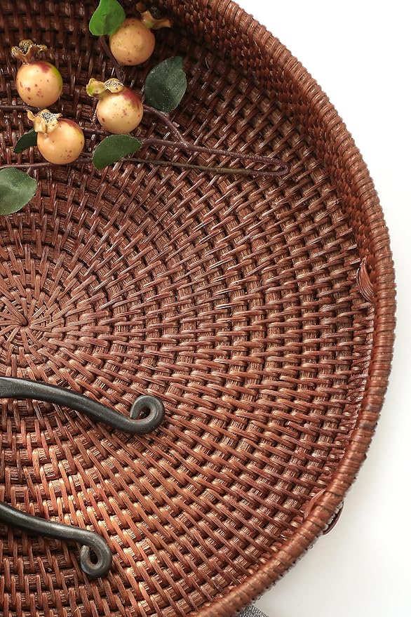 HITOMEN 14.2" Hand-Woven Round Rattan Serving Tray Decorative Ottoman Wicker Platter with Handles for Coffee Table, Breakfast, Drinks, Snack, Bread, Fruit, Vegetables (Brown - L)