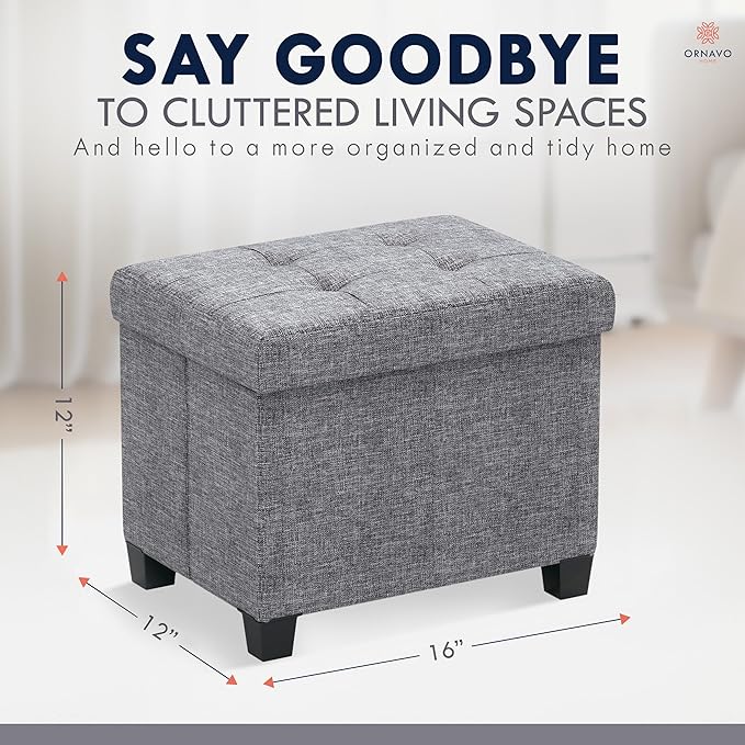 Ornavo Home Storage Ottoman Small Rectangle Ottoman with Legs, Foot Rest Stool Seat, Load up to 600 LB, for Living Room, Bedroom, Home Office, Dorm - 12 x 16 x 12, Gray