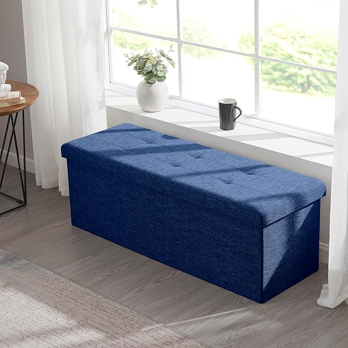 Ornavo Home 43 Inch Folding Storage Ottoman, Long Large Storage Ottoman Chest, Foot Rest Stool, Bedroom Bench - (Navy)