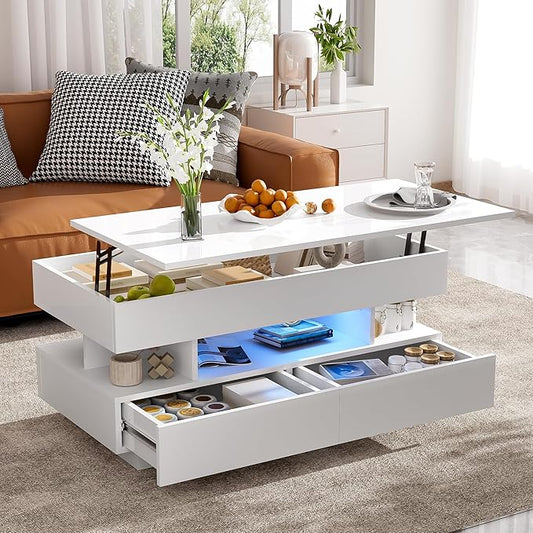 39.3" Lift Top Coffee Table with 2 Drawers and LED Lights, Modern Rectangular High-Gloss Center Table Cocktail Tea Table with Lift-Top and Hidden Space for Living Room Apartment White