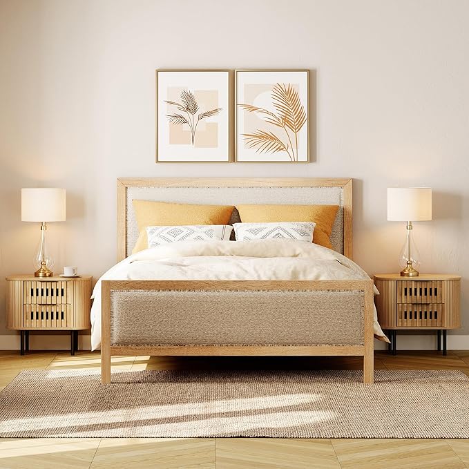 WAMPAT Set of 2 Fluted Nightstands, Modern Wooden End Tables with Drawer, Storage Bedside Table for Bedroom and Living Room, Oak