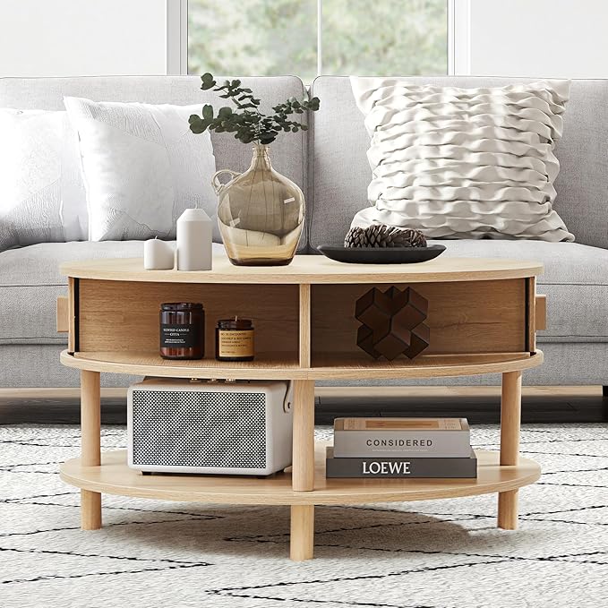 31.5” Round Coffee Table with Storage, Mid Century Modern 2 Tier Coffee Table with Tambour Sliding Door, Solid Wood Legs Fluted Center Table for Living Room Home Office Small Space, Natural