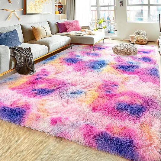 Ultra Fluffy Rug for Living Room Bedroom, 5x7 Fuzzy Large Area Rug for Living Room, Plush Soft Shag Carpet for Girl Boy Kids, Non Slip Rug Modern Indoor Home Decor Aesthetic, Dark Rainbow