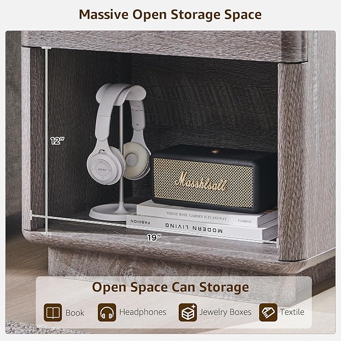 ACCOHOHO Modern Nightstand with Charger Station, 22" Wide Night Stand with Storage Drawer & Open Shelf, Large Bedside Table for Bedroom, Wood End Table, Curved Profile, Grey