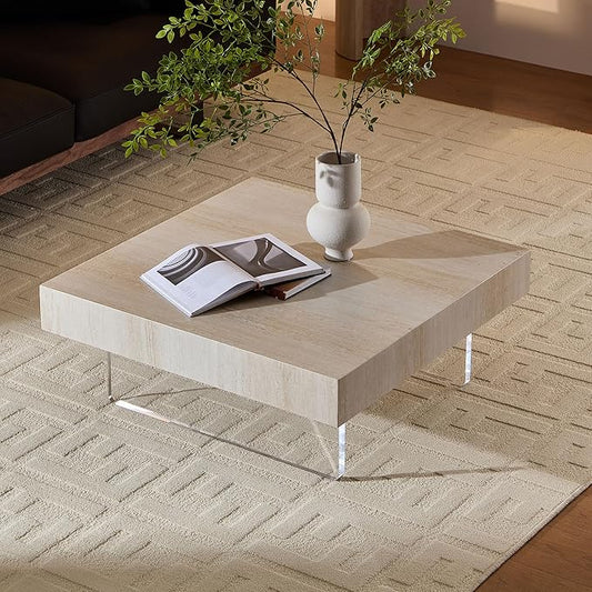 34.65'' Square Faux Travertine Pattern Coffee Table for Living Room, MDF Table, Modern Design Console Table with Acrylic Legs for Office, Apartment, Easy Assembly