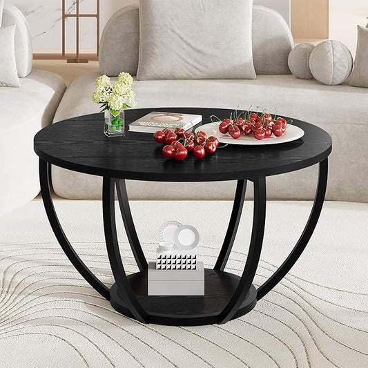 HOMERECOMMEND Round Coffee Table,Wooden 2-Tier Circle Coffee Tables with Storage Shelves,Accent Center Table for Living Room, Sofa Table for Home Office, Black