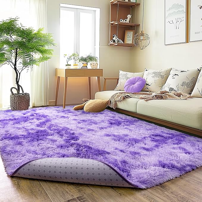 Ultra Fluffy Area Rugs for Living Room Bedroom, 6x9 Fuzzy Large Living Room Rugs, Thick Shag Rug for Dorm, Soft Non Slip Kids Girls Boys Rug for Home Decor Aesthetic, Tie-Dyed Purple