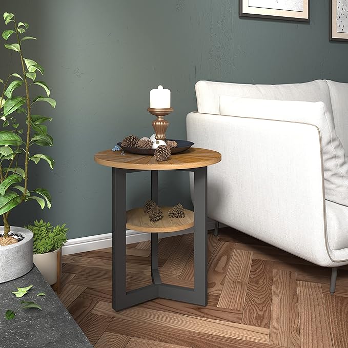 LEEMTORIG Round Side Table, 2-Tier High End Table Nightstand with Metal Legs, Modern Bedside Couch Table for Living Room, Bedroom, Office, Rustic Natural/Black, 19.3 x 19.3 x 24 inches BZ-1338