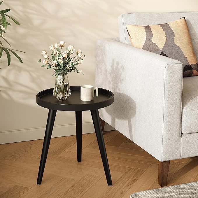 Apicizon Black Round Side Table, Tray Nightstand Sofa Coffee End Table for Living Room, Bedroom, Small Spaces, Easy Assembly Bedside Table, 15 x 18 Inches, Black