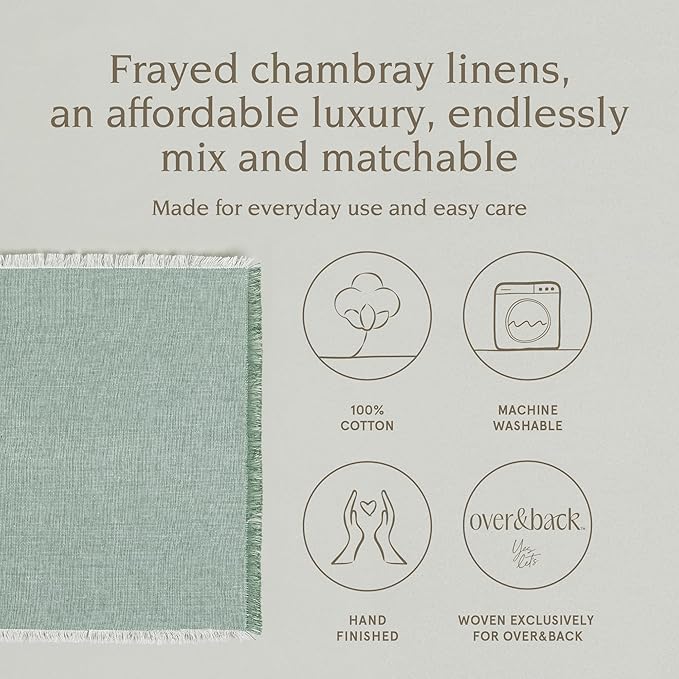 Over&Back Set of 4 Woven Frayed Chambray Placemats - Colorful Dining Table Mat - Hand-Finished Frayed Edges - 100% Cotton - Machine Washable - Kitchen and Home Decor - Green - 14" L X 20" W