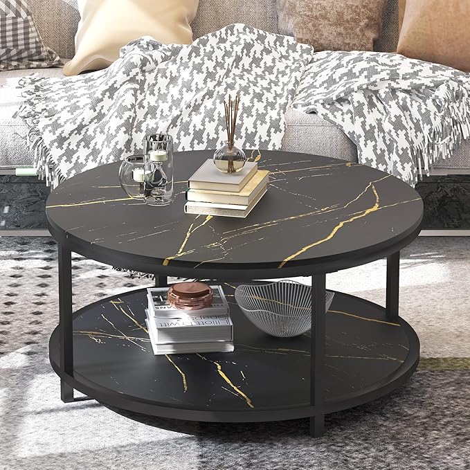 WiberWi Round Coffee Table Black Coffee Tables for Living Room 35.8" Faux Marble Top Circle Table Furniture Sturdy Metal Frame Legs Cocktail Table with Storage Open Shelf