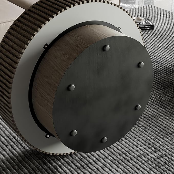 31.5 Inch Round Drum Coffee Table with Storage, Modern Handcraft Fluted Drum Coffee Table, Wooden Round Coffee Table Center Table with Sturdy Pedestal for Living Room Apartment (Grey)