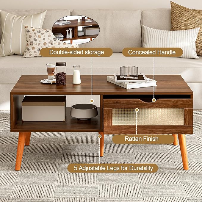 Coffee Table with Storage, Boho Dining Table with Rattan Drawer and Solid Wood Legs, Small Coffee Tables for Living Room, Walnut