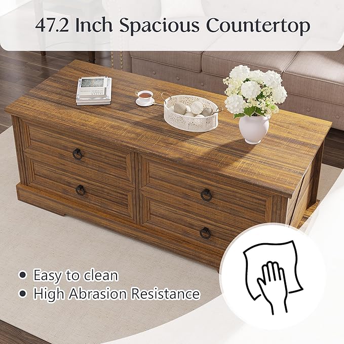 Coffee Table with Storage, 47.2 in Rustic Wooden Center Table with 4 Drawers for Living Room, Easy Assembly Rectangle Home Office Farmhouse Tea Accent Table for Apartment, Walnut