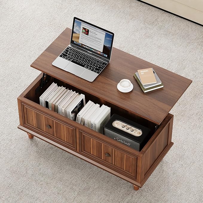 Lift Top Coffee Table for Hidden Compartment, 39" Wood Rectangular Center Table with Lift Tabletop, Sturdy Space-Saving Dining Table for Living Room Home Office Small Space (Walnut)