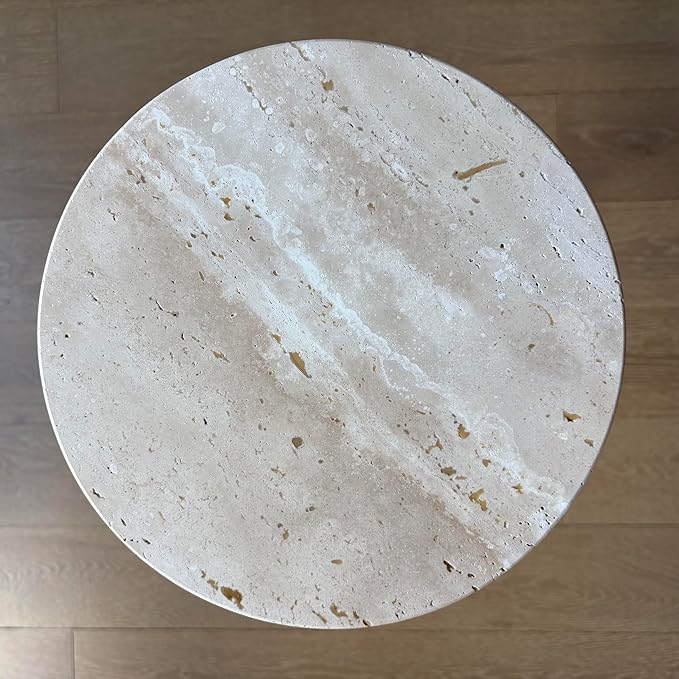 Premium Small Round Natural Marble Pedestal Side Table, End Table, Mini Drink Table with Upgraded Weighted Marble Base, for Livingroom, Bedroom, Bathroom, Balcony, Small Spaces (Beige Travertine)