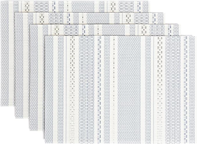 Over&Back Set of 4 Reversible Woven Placemats - Colorful Dining Room Table Mat - UVA/UVB-Proof Polypropylene - Indoor and Outdoor Kitchen and Home Decor - Striped - Blue - Rectangle