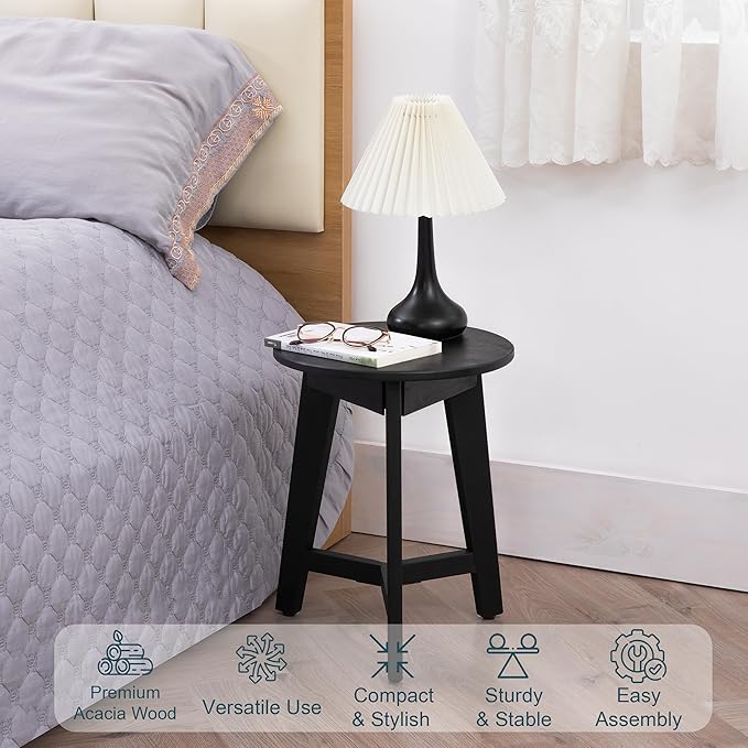 Round Side Table – Solid Acacia Wood End Table for Living Room or Bedroom – Black Wood Finish, Compact Nightstand or Accent Table for Sofas & Beds (13 x 16 x 13 Inches)