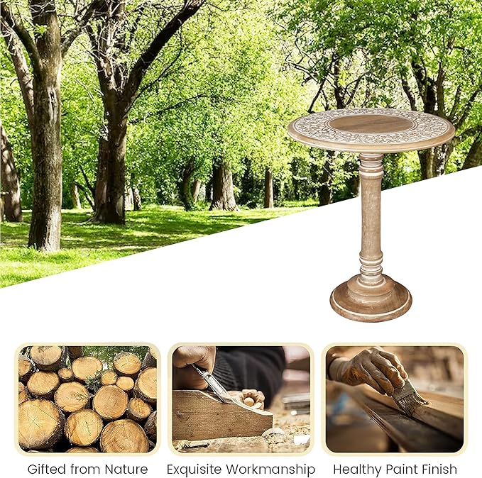 Wooden Pillar Round End Table, Modern Round Wooden Coffee Table, Living Room Rustic Side End Table for Magazines, Books, Plants & Perfect for Christmas Decoration -18x22 Inch White Wash