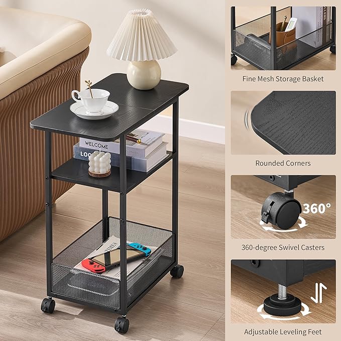 Side Table with Wheels, Narrow Side Table with 3-Layer Storage Shelves, Slim Nightstand, Metal Frame, for Small Spaces, Living Room, Bedroom, 23.6" D x 11.8" W x 25.2" H, Black