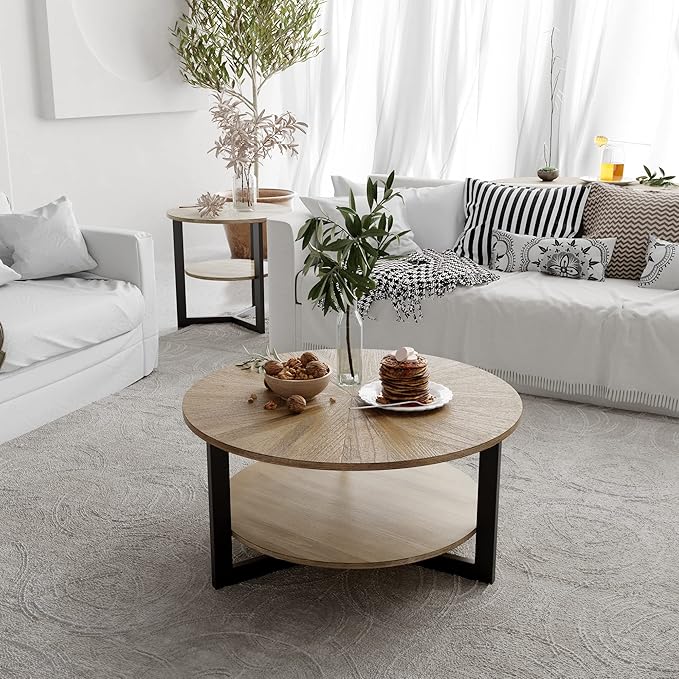 Round Coffee Table with Storage Shelf, 33.5in Circle Accent Center Table with Black Metal Legs, 2-Tier Industrial Cocktail Table for Living Room, Yellowish Brown-1338