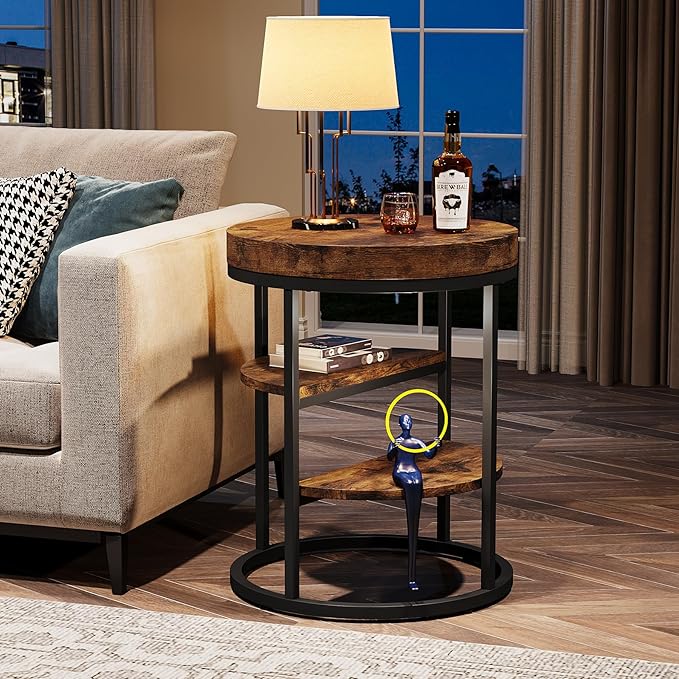 Tribesigns Round End Table Set of 2, 3-Tier Side Table with Storage, Rustic Industrial Nightstand for Small Spaces, Wood Metal Accent Table for Living Room, Bedroom, Sofa, Bedside, Rustic Brown
