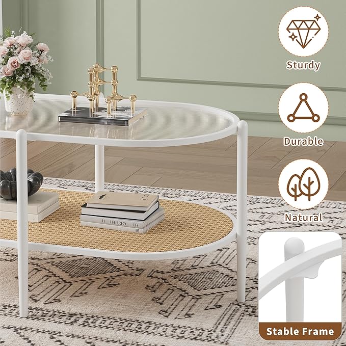 Boho Rattan Coffee Table with Glass Top, 2-Tier Oval Center Table with Metal Frame & Storage Shelf, Rustic Farmhouse Living Room Accent Tea Table for Apartment, Bedroom, Office White