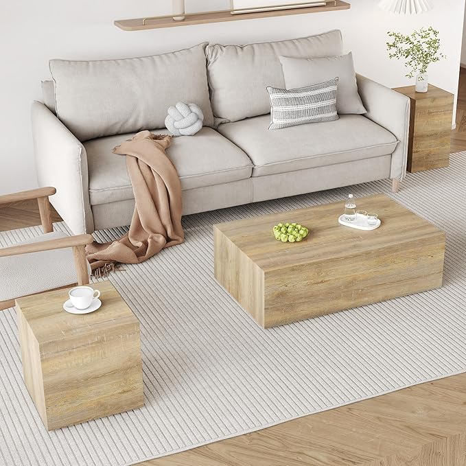 Coffee Table Set for 3, Living Room Table Set, Wood Coffee Table and Side Table, Modern Coffee Table Set, Center Table Set, No Assembly Required - Ready to Use