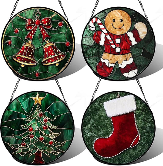 Stained Glass Window Hanging 4 Pcs Set Red Christmas Stockings and Gingerbread 6.3" - Suncatcher Door Garden Sun Catcher Decor Birthday Mother's Day Xmas Gifts for Mom Woman Nana Men