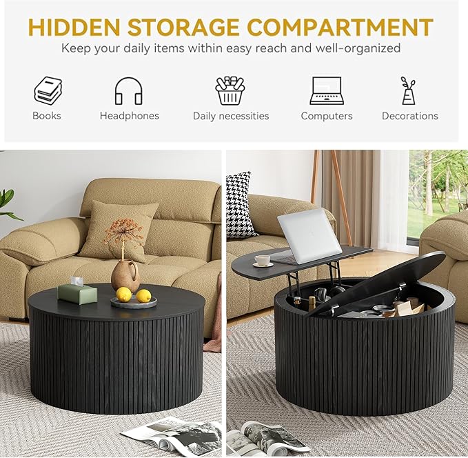 Round Fluted Lift Top Coffee Table, Mid Century Modern Center Table with Storage and Compartment, 2 Tier Small Circle Dining Table, for Living Room, Home Small Space, Black
