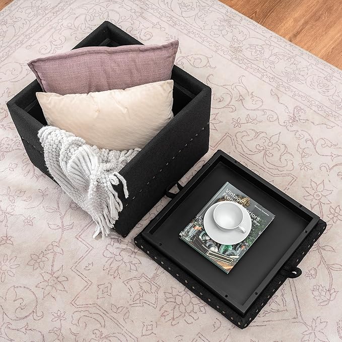 Adeco 18" Black Square Storage Ottoman with Tray, Small Cube Ottoman Coffee Table with Decorative Fashion Paris Nails, Dorm Room, Bedroom, or Living Room
