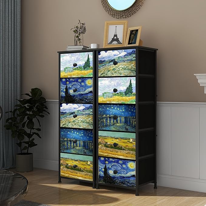 Dresser with 5 Drawers Narrow Tall Nightstand Van Gogh Dresser for Bedroom Fabric Drawer Organizer Unit for Living Room Entryway Hallway Closet Sturdy Steel Frame Wooden Top