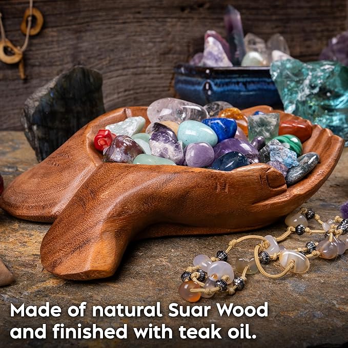 Curawood Carved Hands Offering Bowl - Crystal Holder for Stones, Rock Collection Holder, Crystal Display Storage Tray, Wooden Hands Bowl for Keys - Rock Display Case for Shelf, Stand, Altar Decor (L)