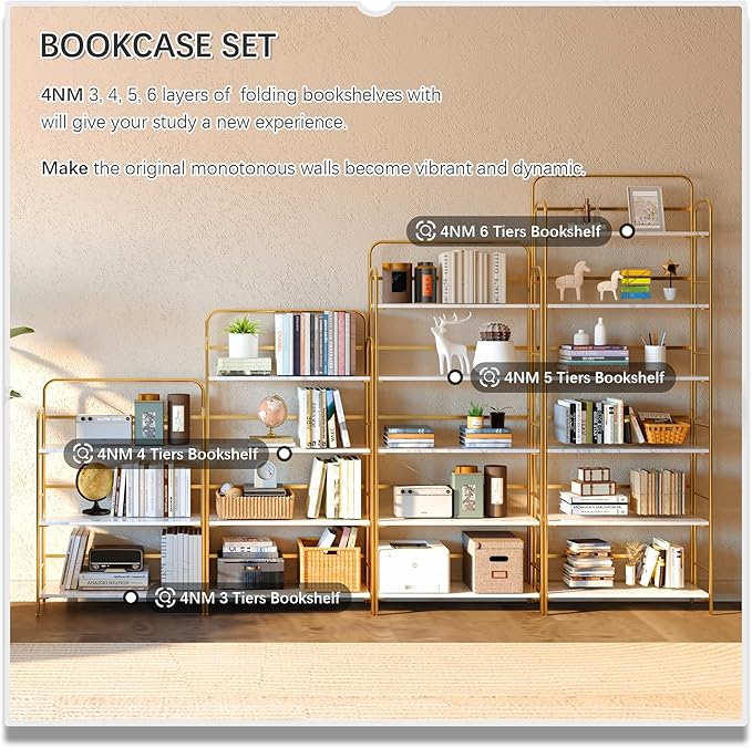 4NM No Assembly Folding Bookshelf, 6 Tiers Collapsible Book Shelves Open Industrial Foldable Storage Bookcase Shelf for Bedroom, Living Room, Home Office - White and Gold