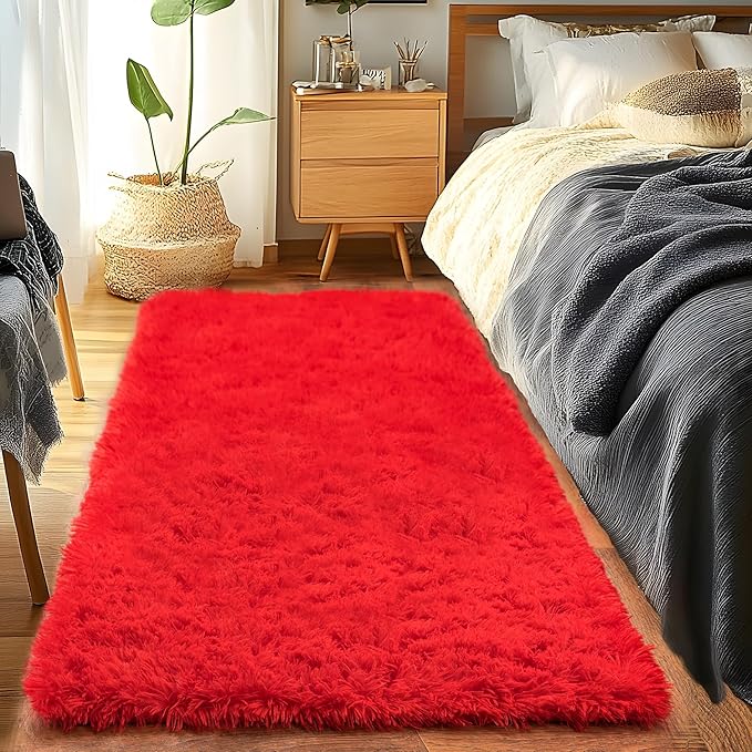 Runner Rugs for Bedroom 2x6 Rug Runners for Hallways Non Slip Soft Shag Bedside Rug, Fluffy Area Rug Throw Rugs for Living Room, Floor Carpet Runner for Nursery Kids Dorm, Red